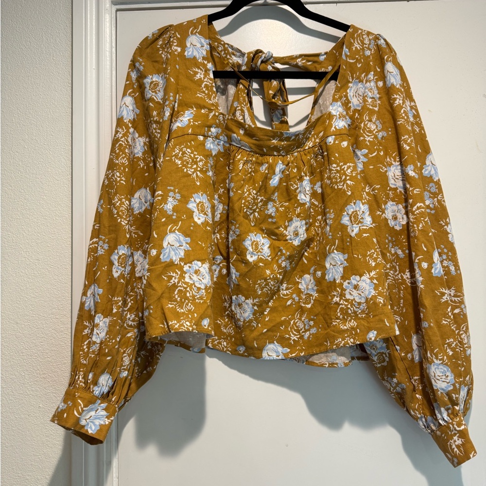 Free People Floral Mustard Blouse